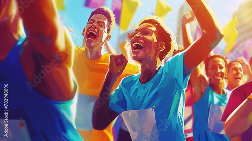 Exultant runners cheer at the marathon finish line, a moment of pure joy, AI-generated.