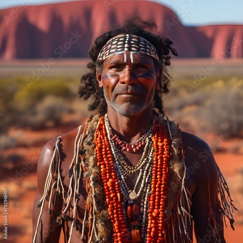 AI generated illustration of an Anangu man standing on Uluru land photo