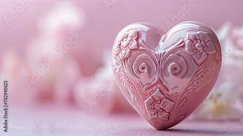 A pink heart shaped object on a table. Suitable for various romantic concepts