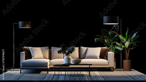 modern living room furniture arrangement with sofa, coffee table and floor lamp isolated on black background