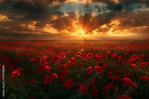 A field of red poppies with the sun setting behind it.