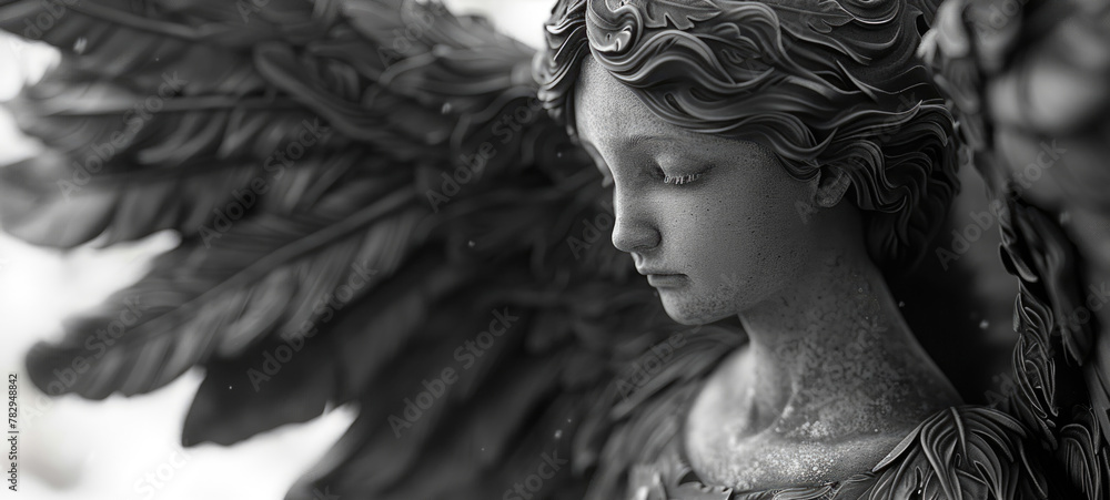 A black and white photo of an angel statue. Suitable for religious or memorial concepts A black and white photo of an angel statue. Suitable for religious or memorial concepts