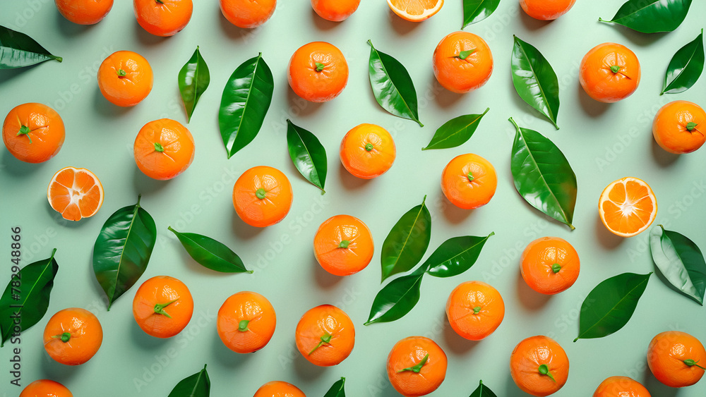Citrus Still Life: A Flat Lay Composition of Ripe Tangerines Nestled Among Fragrant Leaves. generative AI Citrus Still Life: A Flat Lay Composition of Ripe Tangerines Nestled Among Fragrant Leaves. generative AI