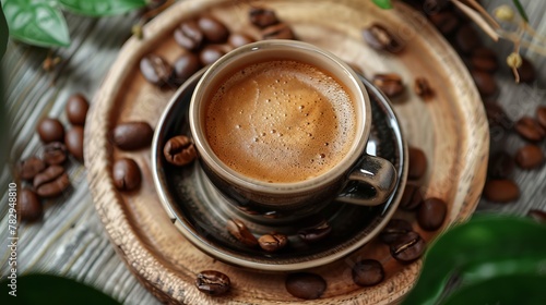 A cup of coffee with beans on a wooden table. photo