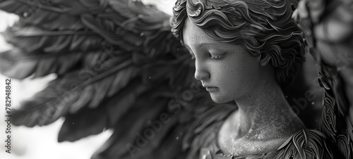 A black and white photo of an angel statue. Suitable for religious or memorial concepts