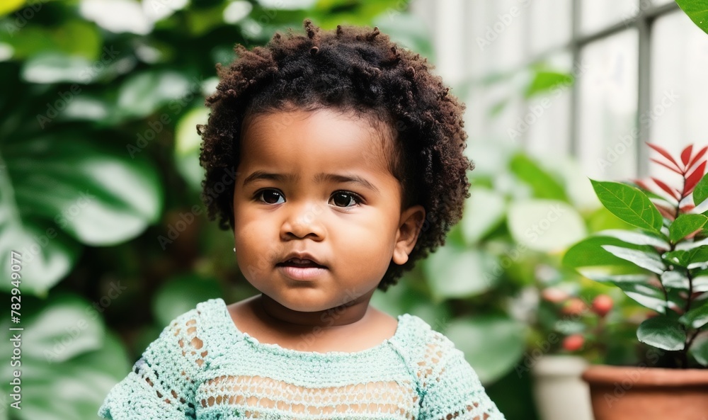Baby girl in a green dress standing in front of a potted plant. Baby girl in a green dress standing in front of a potted plant.
