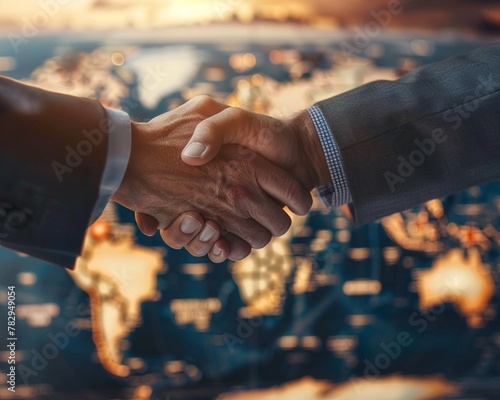 Closeup of a handshake in front of a global map, symbolizing international business agreements and partnerships