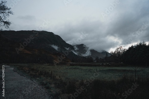 Beautiful view of a cloudy sky over the mountains in Glenfinnan hamlet  Scotland.