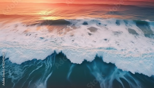 Aerial view of beautiful beach waves, on the coast with foam after being hit by the waves, reflection of sunset light on the coast with white sand © Virgo Studio Maple