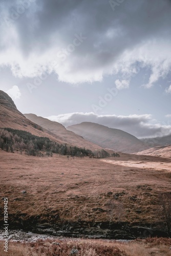 Vertical shot of hills with a cloudy sky in the background in Glencoe