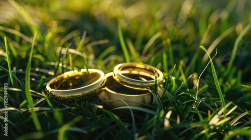 Two gold wedding rings placed in the grass. Suitable for wedding or marriage concepts