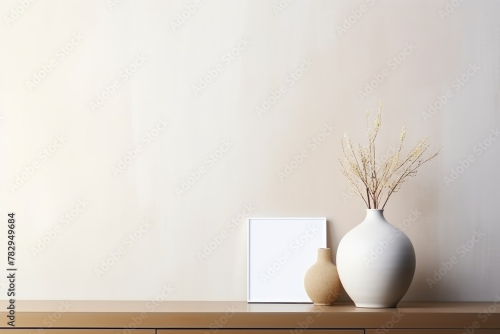 Neutral-toned interior decor featuring a white vase with dried flowers and two simple pottery pieces on a wooden shelf. Minimalist Home Decor with Vases and Dried Flowers Neutral-toned interior decor featuring a white vase with dried flowers and two simple pottery pieces on a wooden shelf. Minimalist Home Decor with Vases and Dried Flowers