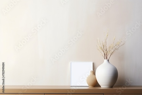 Neutral-toned interior decor featuring a white vase with dried flowers and two simple pottery pieces on a wooden shelf. Minimalist Home Decor with Vases and Dried Flowers