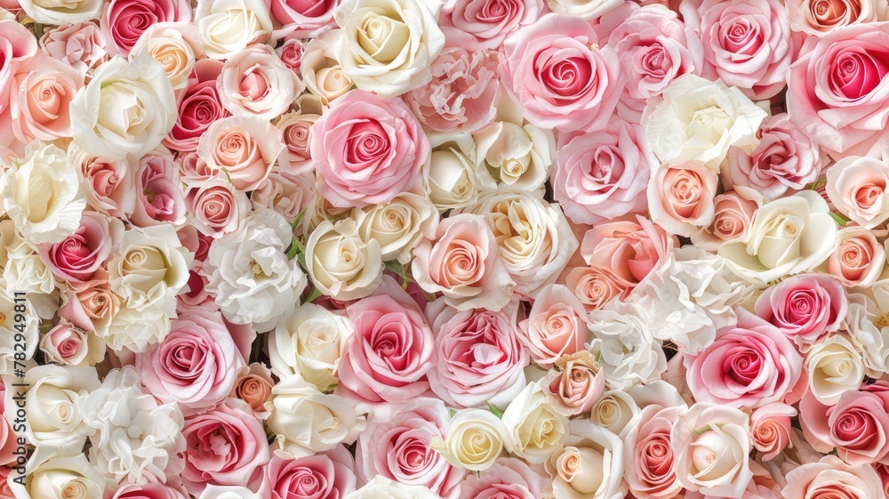 pastel pink and white roses, creating a wall of flowers that serves as an enchanting backdrop for wedding ceremonies or party decorations. SEAMLESS PATTERN pastel pink and white roses, creating a wall of flowers that serves as an enchanting backdrop for wedding ceremonies or party decorations. SEAMLESS PATTERN