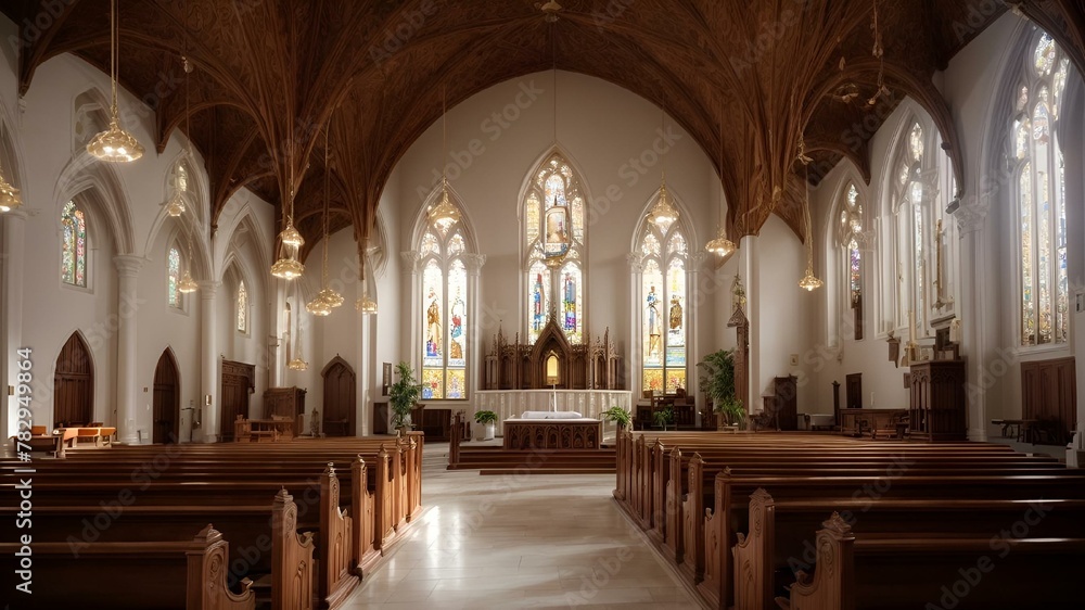 a large room that has benches and stained windows in it