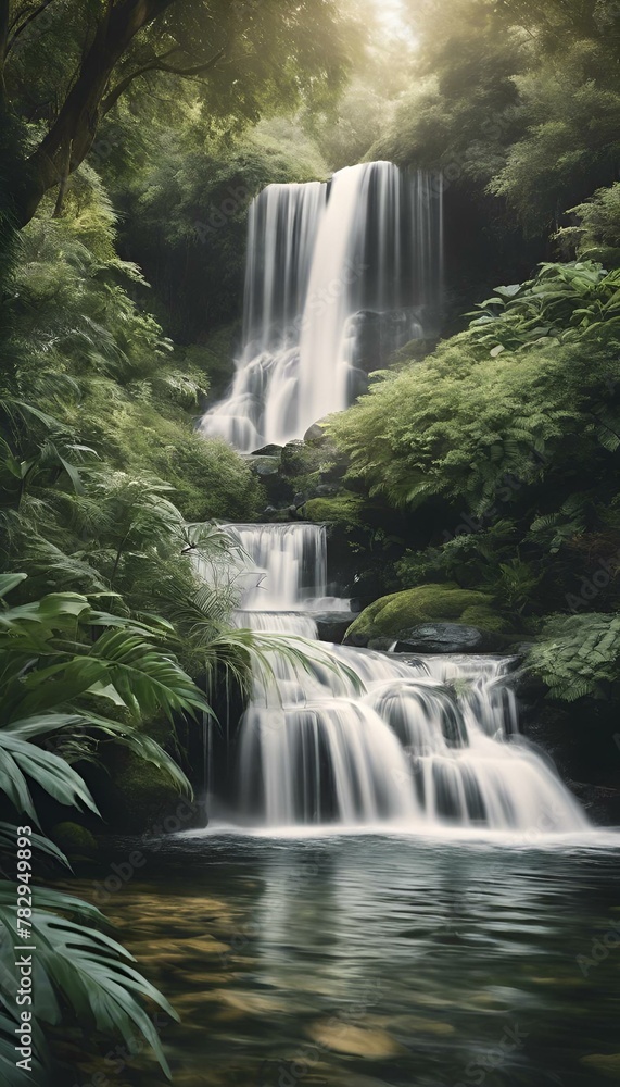 AI-generated illustration of a waterfall cascading in a forest surrounded by lush trees