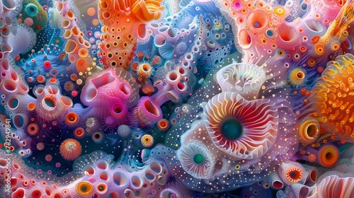 A vibrant explosion of tiny organisms  creating a colorful spectacle in the ocean   unique hyper-realistic illustrations