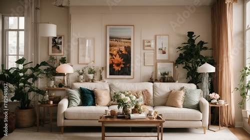 a nice and cozy living room with a white couch and coffee table