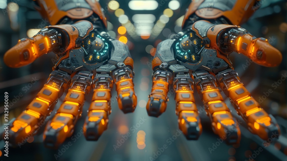 In the future, robots or cyborgs with artificial intelligence will control manipulator arms on factories and manufacturing plants. Industry 4.0. Robotics and technology are the future. Abstract HUD. - obrazy, fototapety, plakaty 