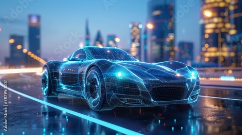 Wireframe of an SUV riding on the road with a futuristic city background. Professional 3D rendering of an own designed generic non-existent car model.