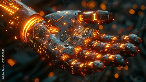 Closeup of robot hand with glowing microchips and circuit board in the palm, digital technology concept background