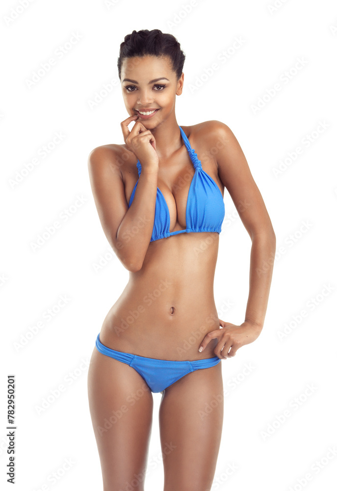 Beauty, body and portrait of girl with bikini in studio for wellness, detox or diet progress and results on white background. Swimwear, style or model face confident with vacation swimsuit choice Beauty, body and portrait of girl with bikini in studio for wellness, detox or diet progress and results on white background. Swimwear, style or model face confident with vacation swimsuit choice
