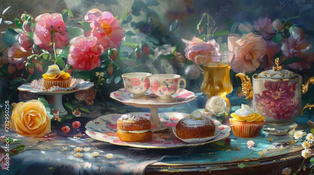 A painting of a table with cupcakes and tea cups. Suitable for bakery or tea party concepts