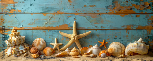 Vintage Nautical Seashells and Starfish on Rustic Blue Wood