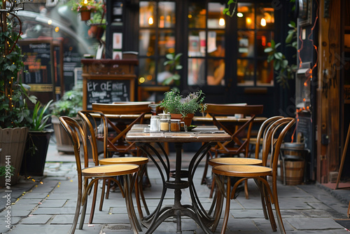 AI-generated illustration of an outdoor cafe with wooden tables and empty chairs