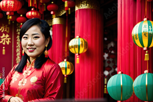 A chinese woman standing in front of a red and gold decorated archway (ID: 782950455)
