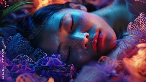 Dreamy Girl Sleeping in a Magical Flower Bed