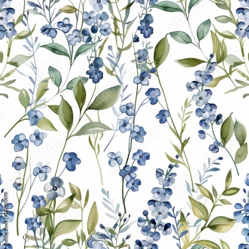 Seamless Floral Pattern with Blueberries and Green Leaves
