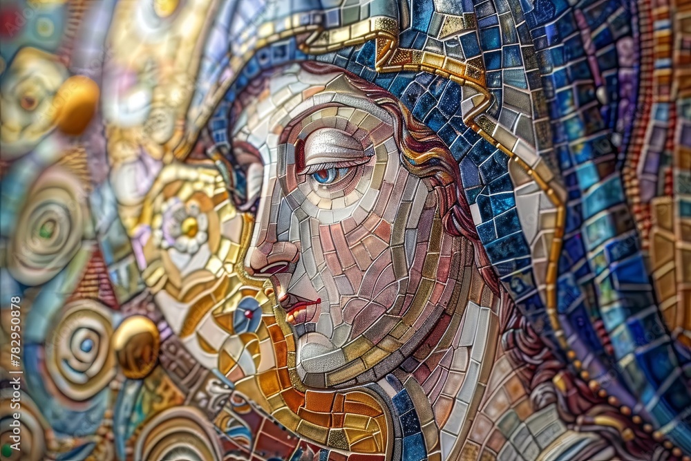 AI generated illustration of a vibrant close-up mosaic art piece with colorful hues