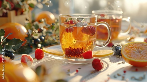 A cup of tea with fresh berries and oranges on a table. Perfect for food and beverage concepts