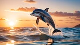 A playful dolphin arcs gracefully over the ocean waves, silhouetted against a stunning sunset sky.. AI Generation