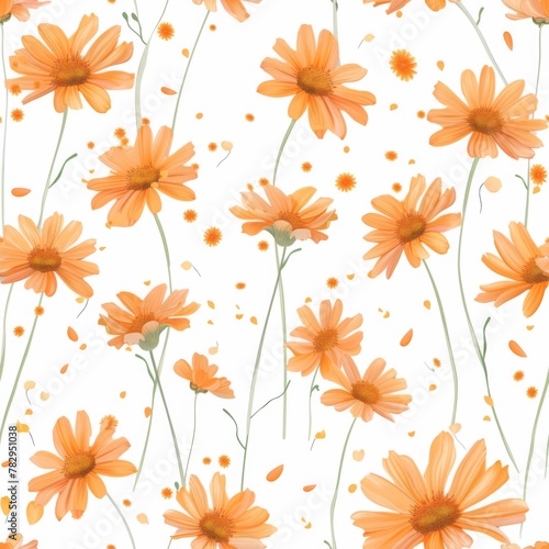 Orange Daisy Seamless Pattern on White Background