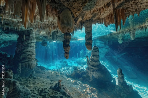 Cave Stalactite Underwater Landscape for Speleology Adventure. Exotic Vacation with Extreme