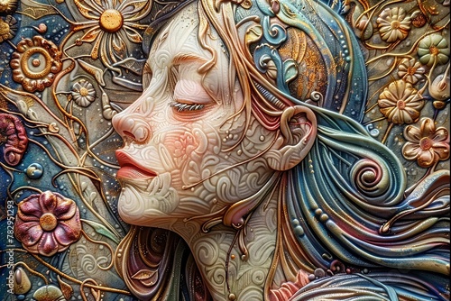 AI generated illustration of a decorative sculpture resembling a woman with striking blue eyes