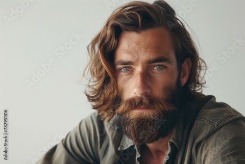 AI generated illustration of a man with lengthy hair and a beard posing against a gray backdrop