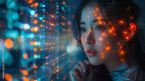 Robot woman holding phone in hand as AI in image. Smart city on screen mobile smartphone communication with global internet and IOT. Artificial intelligence processing big data and cloud computing.