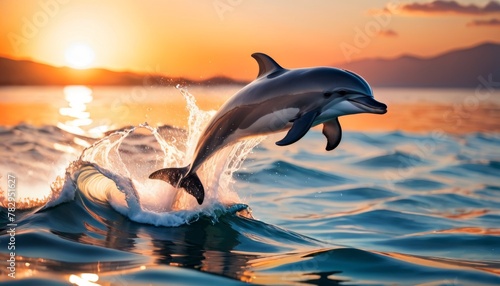 A dolphin leaps joyfully from the ocean's surface, framed against a stunning sunset backdrop with splashing water.. AI Generation