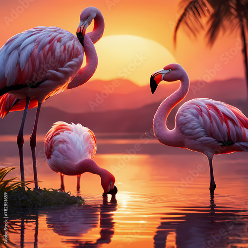 closeup of flamingos flock near lake beautiful scenic view of sunset  sharp detailed illustration wallpaper  generative AI