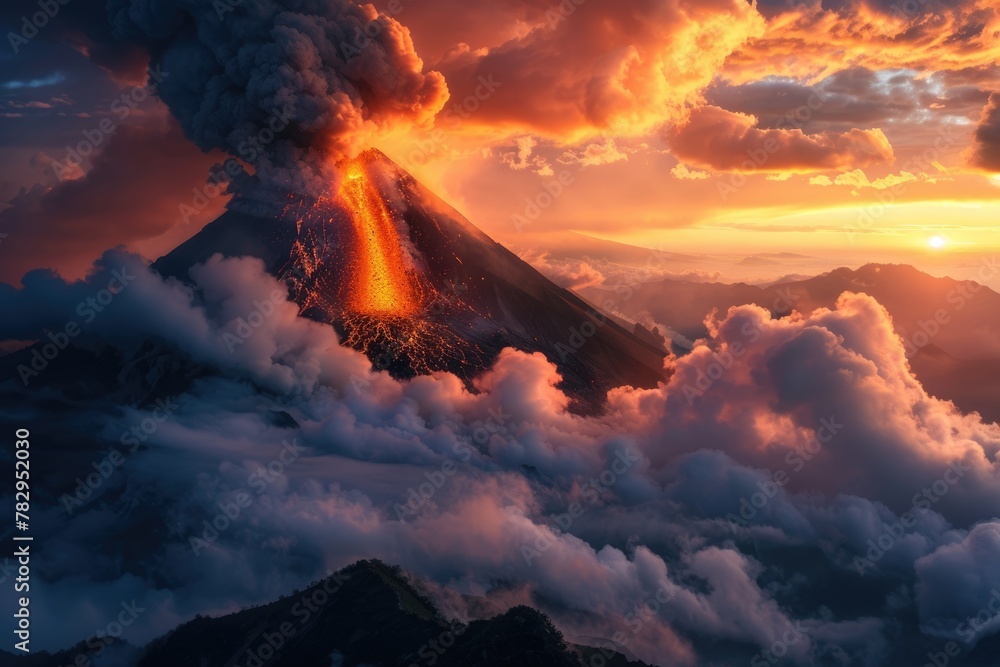 Explosive Beauty: Fuego Volcano Erupting, View from Acatenango in Guatemala's Stunning Landscape with Lava, Clouds, and Snow