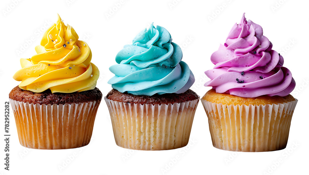 Three cupcakes with colorful frosting, isolated on a white background
