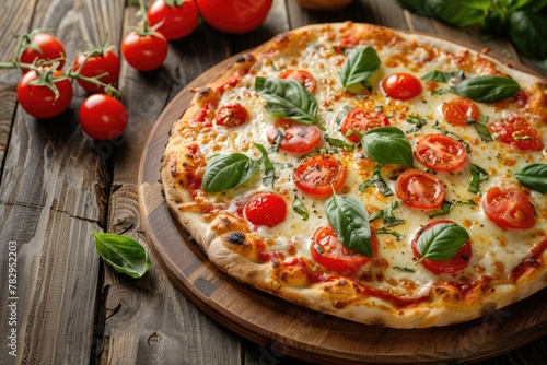 Fresh and Delicious Margherita Pizza Topped with Basil: Perfect Italian Mediterranean Snack from Pizzeria