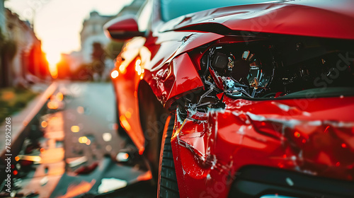 Closeup of the front end of a red car after an accident with visible damage and dents, a broken headlight on a city street at sunset