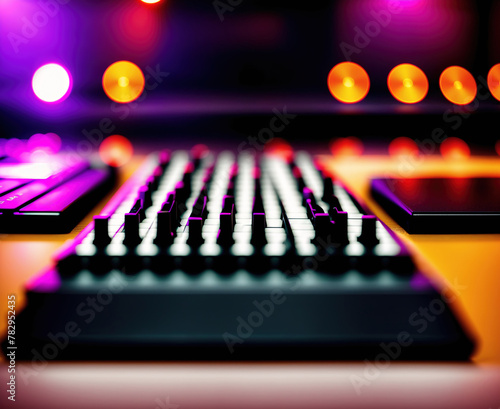 A computer keyboard and mouse on a desk in front of a blurred background.