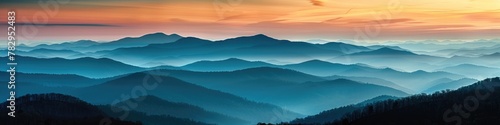 Great Smoky Mountain Sunset: Blue and Orange Ridge Lines Amidst Foggy, Country Terrain photo