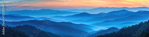 Great Smoky Mountain Sunset: Ridge and Foggy Blue Orange Country Scene photo