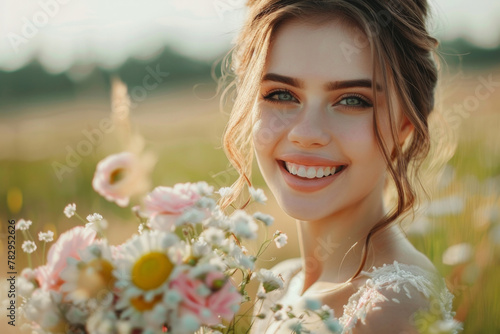 A beautiful woman holding flowers and smiling happily